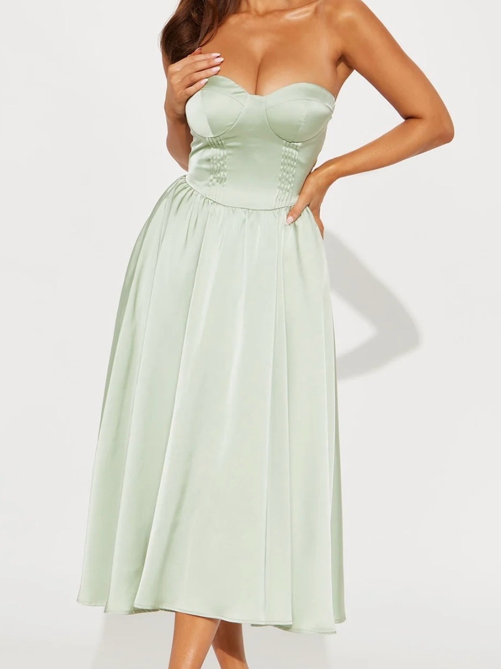 Fashion Nova Strapless Sweetheart Midi Dress in Sage Green